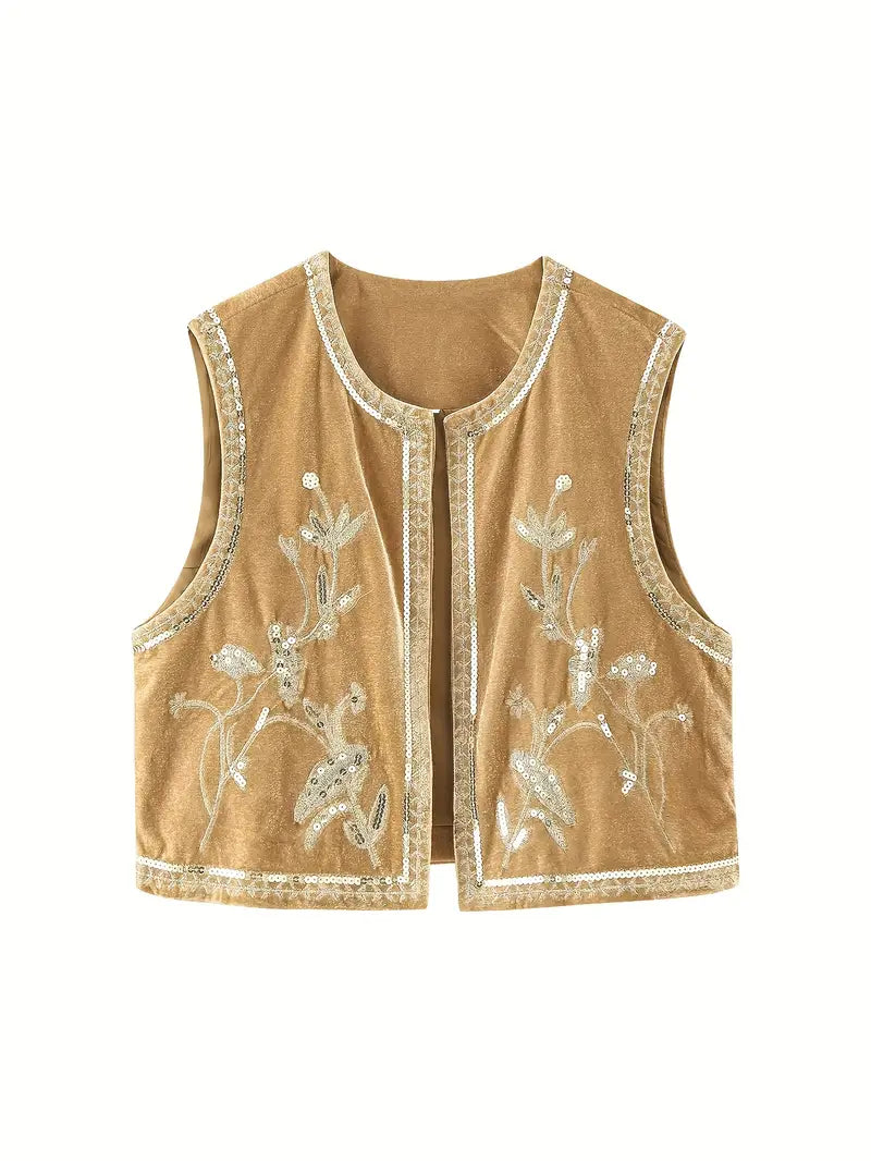 Gilet sans manche en velours brodé