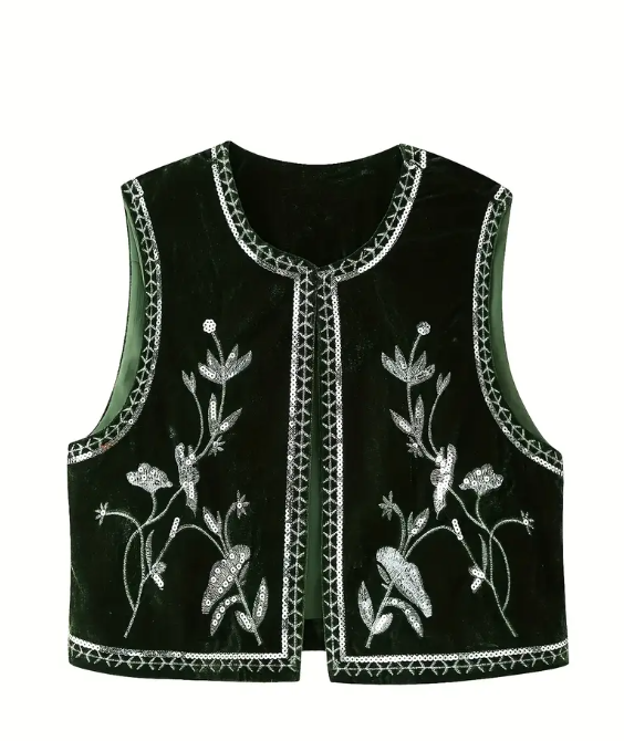 Gilet sans manche en velours brodé