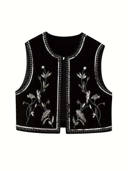 Gilet sans manche en velours brodé