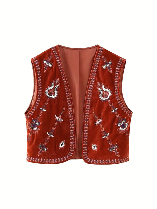 Gilet en velours brodé et perlé